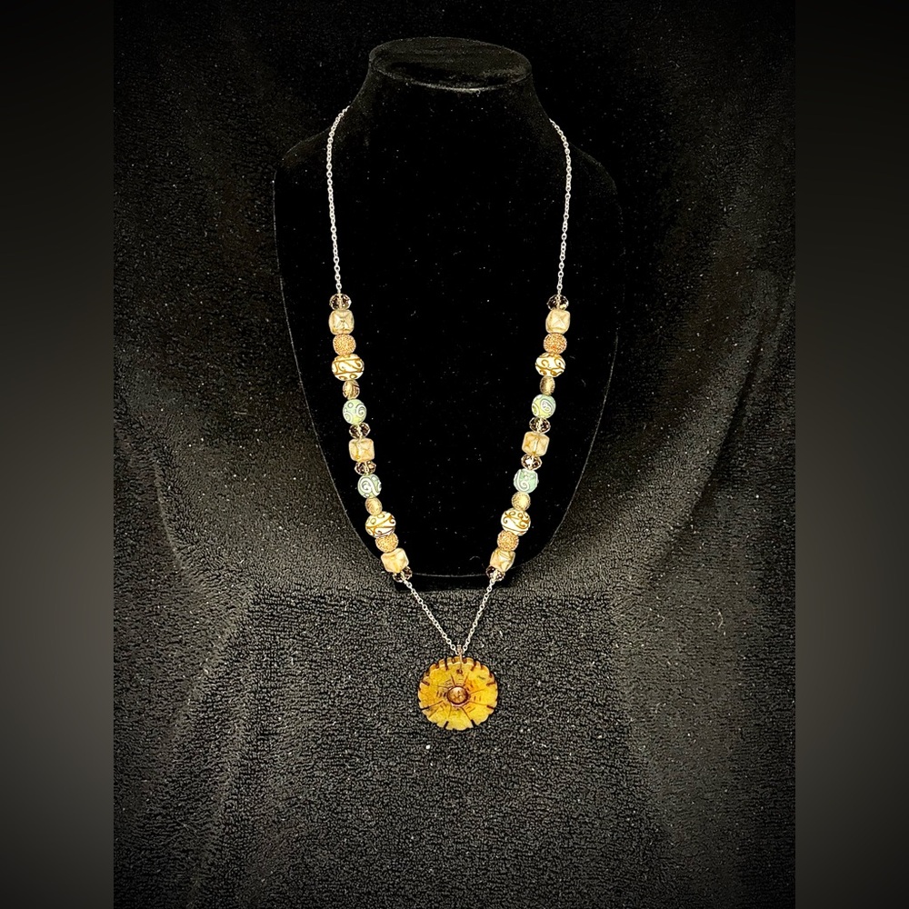 Boho Beaded Slip-On Necklace with Carved Flower Pendant item#0034